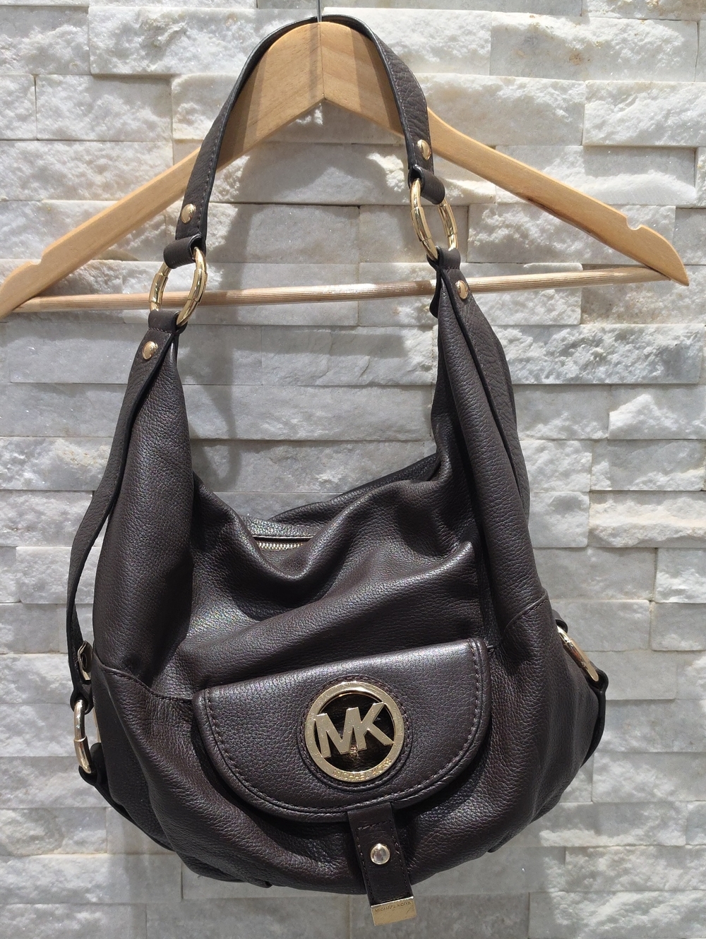 Michael Kors Dark Brown Leather Hobo Shoulder Bag with Gold Hardware